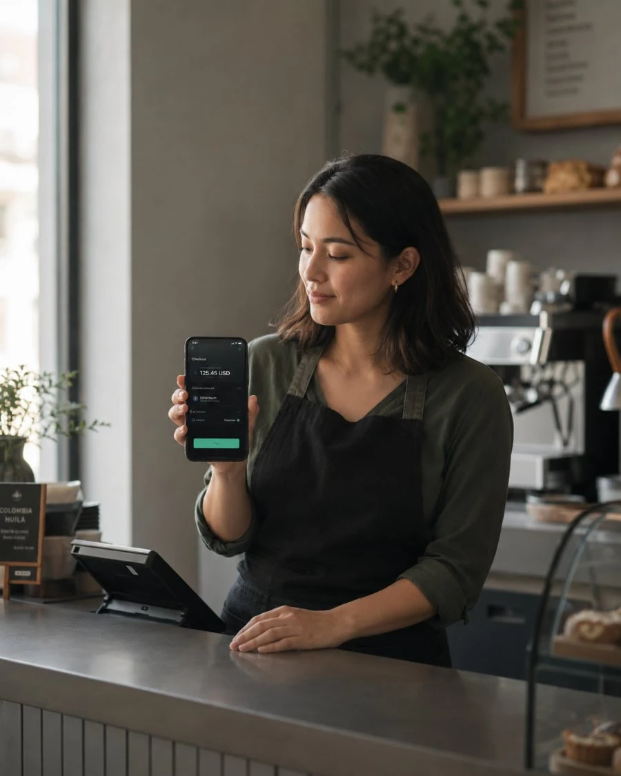 A cafe owner accepting a crypto payment with PaySovra
